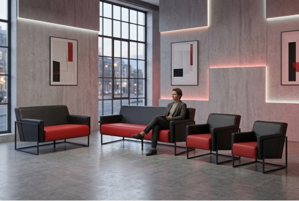 Komplett-Set 3-Sitzer Sessel Schwarz Rot Sofa-Set Leder Edelstahl Holz