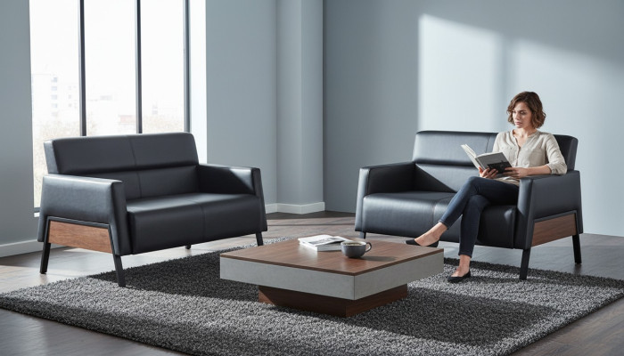 Ledersofas-Set 2-Sitzer Schwarz Couch Modern Leder Edelstahl Holz Weich