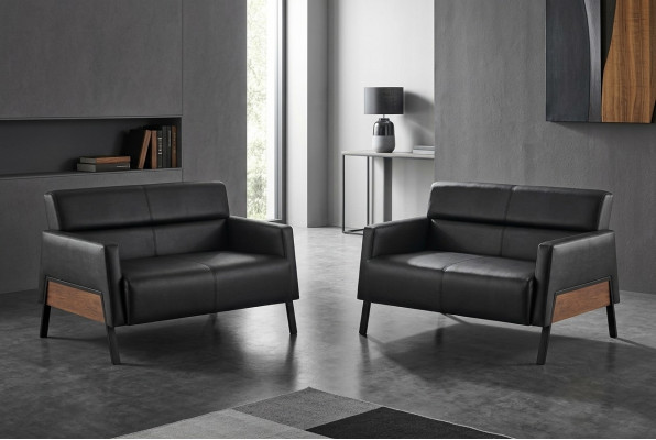 Ledersofas-Set 2-Sitzer Schwarz Couch Modern Leder Edelstahl Holz Weich