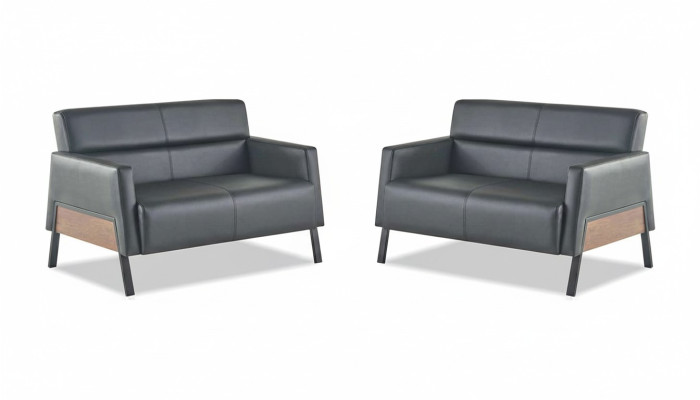 Ledersofas-Set 2-Sitzer Schwarz Couch Modern Leder Edelstahl Holz Weich