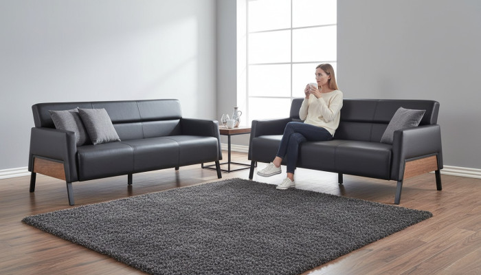 Ledersofas Sofa-Set 3-Sitzer Schwarz Modern Leder Edelstahl Couch Holz