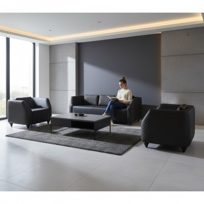 Ledersofas 3-Sitzer Sessel Schwarz Komplett Couch Modern Polster Kissen
