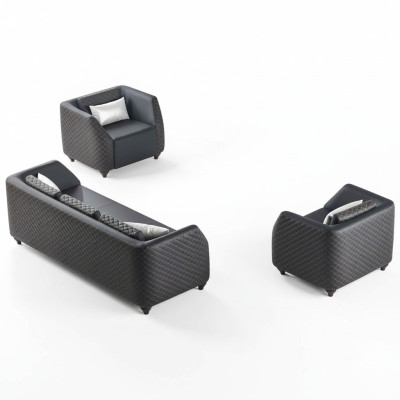Ledersofas 3-Sitzer Sessel Schwarz Komplett Couch Modern Polster Kissen