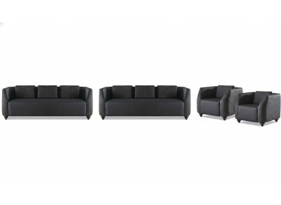 Komplett Set 3-Sitzer 2x Sessel Schwarz Polster Modern Leder Sofa-Set