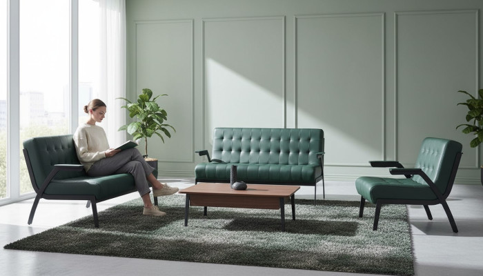 Sofa-Set 2-Sitzer Sessel Grün Edelstahl Modern Leder Chesterfield Holz