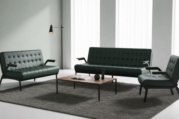 Komplett-Set Grün 3-Sitzer 2-Sitzer Sessel Modern Chesterfield Leder