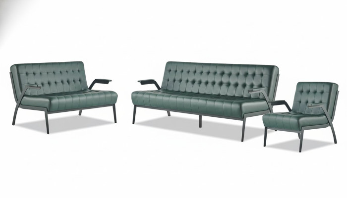 Komplett-Set Grün 3-Sitzer 2-Sitzer Sessel Modern Chesterfield Leder