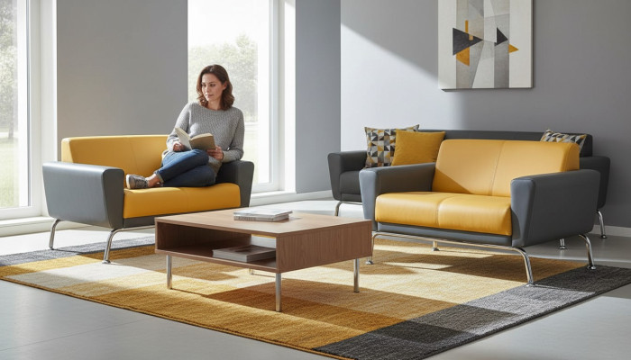 Ledersofas Sofa-Set 2-Sitzer Gelb Grau Edelstahl Modern Couch Komplett