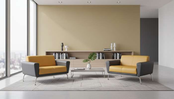 Ledersofas Sofa-Set 2-Sitzer Gelb Grau Edelstahl Modern Couch Komplett