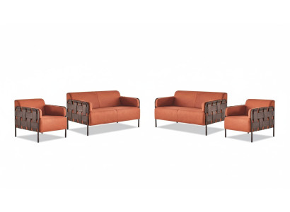 Sofa-Set 2-Sitzer 2x Sessel Orange Modern Textil Edelstahl Sofagarnituren