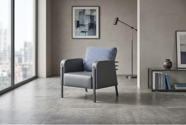 Sessel Grau Blau Polster Kissen Leder Textil Modern Edelstahl 1-Sitzer