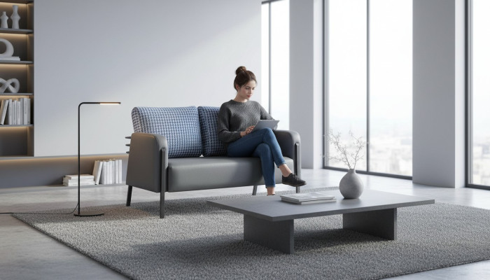 Ledesofa Polster 2-Sitzer Grau Blau Edelstahl Modern Kissen Sofa Couch