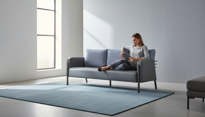 Couch Grau Blau Sessel POlster 3-Sitzer Modern Kissen Leder Edelstahl