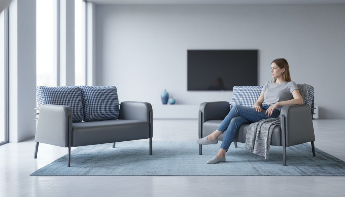 Ledersofa-Set Grau Blau Kissen 2-Sitzer Sofas Modern Polster Textil