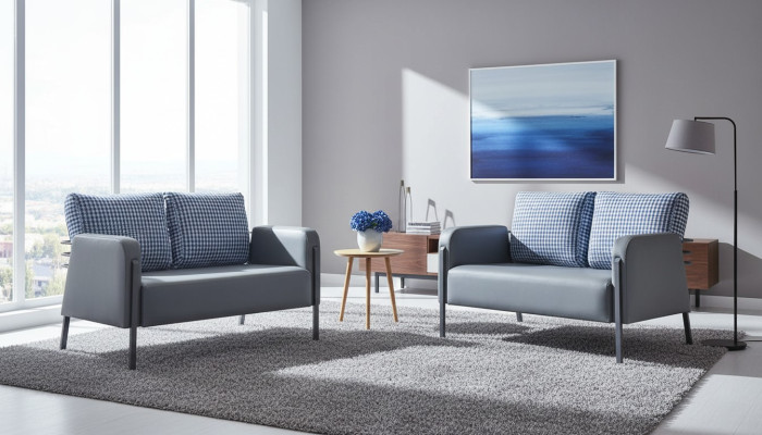 Ledersofa-Set Grau Blau Kissen 2-Sitzer Sofas Modern Polster Textil