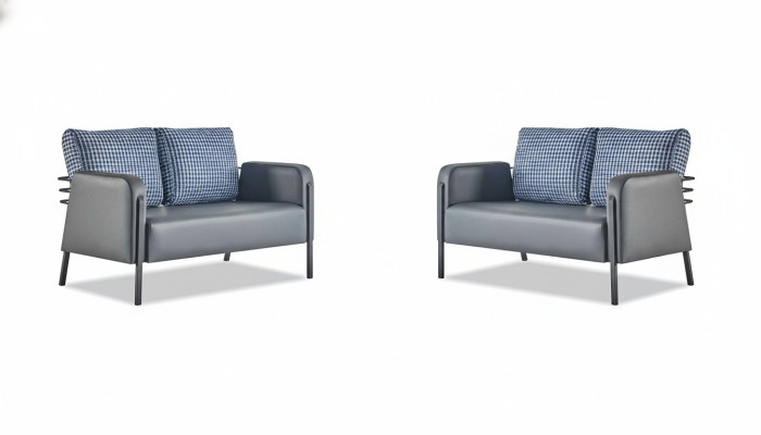 Ledersofa-Set Grau Blau Kissen 2-Sitzer Sofas Modern Polster Textil