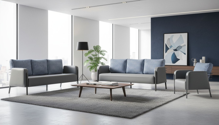 Sofa-Set Grau Blau Ledersofa 3-Sitzer Sessel Modern 1-Sitzer Leder Textil