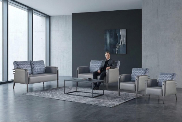 Sofagarnitur Polster Set 3-Sitze Sessel Blau Grau Ledersofas Polster
