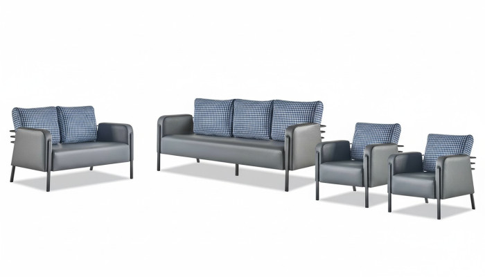 Komplett Sitzmöbel Set 3-Sitzer 2-Sitzer Sessel Grau Blau Leder Polster
