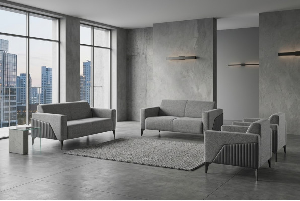 Komplett Sofa-Set Sofagarnitur 2-Sitzer Sessel Grau Edelstahl Textil Holz