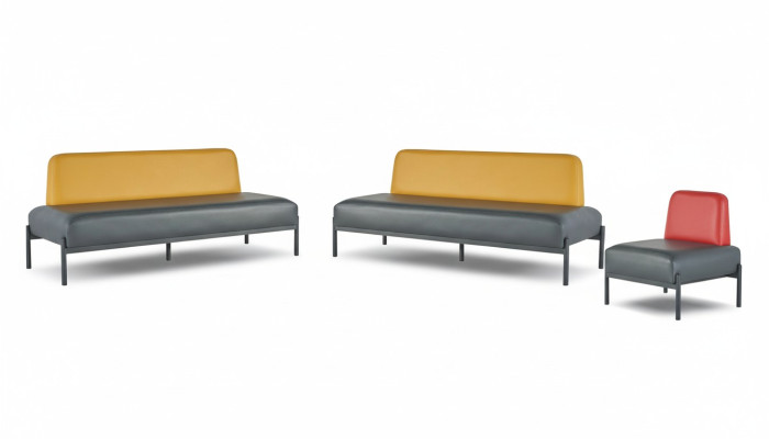 Ledesofas Gelb Rot Art Deco Edelstahl 3-Sitzer Sessel Schwarz Leder Set