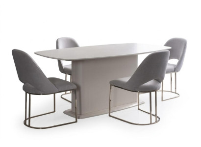 Esszimmer Esstisch Stühle Tisch Polsterstühle Säulenfuß Weiß Edelstahl