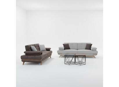 Elegantes Sofa Set 3+3 Grau Weiß Polster Couch Wohnzimmer Modern Holzfüße
