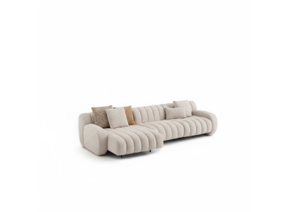 Elegantes beige L-Form Ecksofa aus Textil und Holz