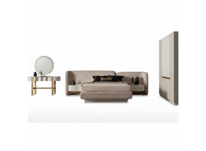 Elegantes Beiges 3-teiliges Schlafzimmer-Set aus Holz und Textil