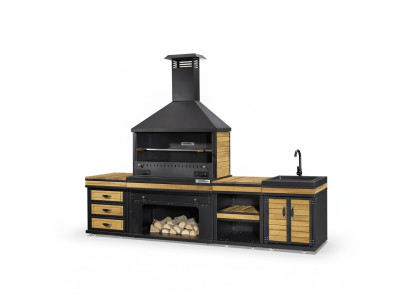 Außenküche in Schwarz und Braun aus Holz und Edelstahl elegant