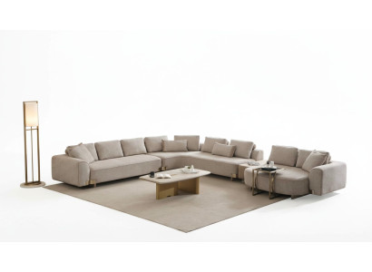 Elegantes Beige U-Form Ecksofa aus Textil und Holz