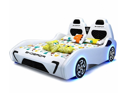 Weißes Kinderbett Autobett Bett für Jungen LED Kinderbetten