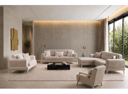 Wohnzimmer Set Beige 3-Sitzer Ecksofa 2-Sitzer Sessel Stoff