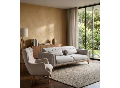 Wohnzimmergarnitur Weiß Sofa Sessel Stoffbezug Holzrahmen Moderne