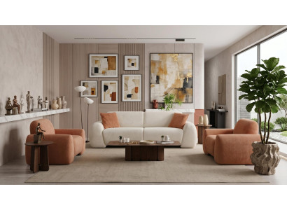 Wohnzimmer Set 3 Sitzer Sofa 2x Sessel Modern Beige Einladend