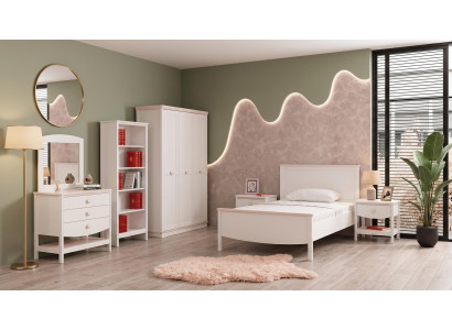 Weißes modernes Jugendzimmer Bett Schrank Kommode Nachttische Bücherregal