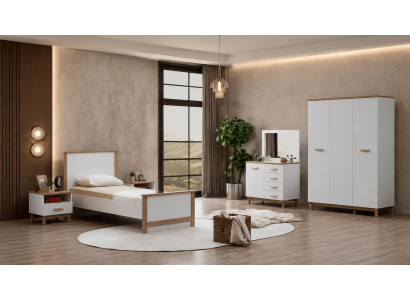 Weißes Jugendzimmer Bett Nachttische Kleiderschrank Kommode modern