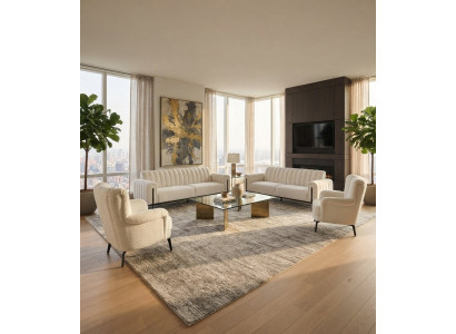 Wohnzimmer-Set 2x 3 Sitzer Sofa 2x Sessel Hoher Rückenlehne Weiß