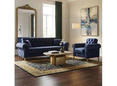 Wohnzimmer-Set Schlafsofa Schlafsessel Rautenförmiger Ziernaht Blau