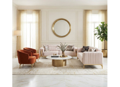Wohnzimmer-Set 2x Schlafsofa Beiges 2x Sessel Orange Metallbeinen