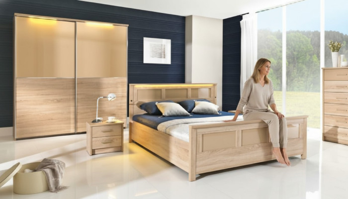 Schlafzimmer Holz Garnitur Set Komplett Bett Schrank Kommode Nachttisch Cremona2