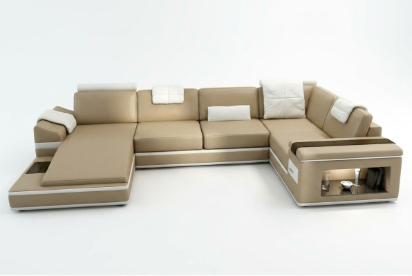 Ecksofa Sofa Couch Polster Leder Garnitur Wohnlandschaft Ecke Wohn Beige