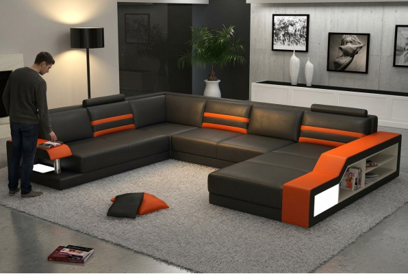 Designersofa Ecksofa Couch Ledersofa Polster Sitz Eck Garnitur mit Licht PHX1