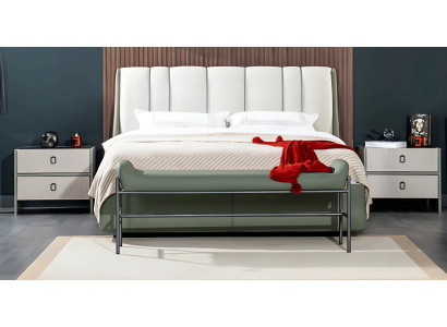 Komplette Doppelbett Bettgestell Bett Nachttische Weiß Stoff 4tlg Set