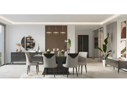Essgruppe Esszimmer Esstisch Tisch Stühle Anrichte 9tlg Grau Holz Set