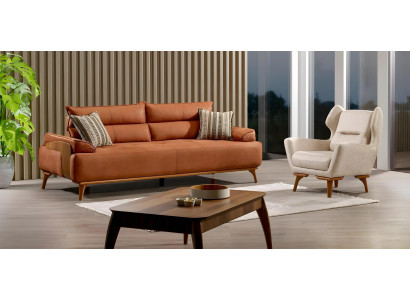 Elegantes Wohnzimmer Set aus Stoff in Orange mit Holzrahmen