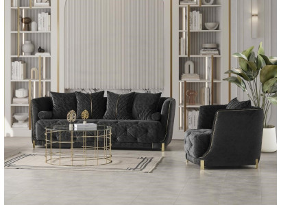 Luxus 2tlg Wohnzimmer Set Sofa 3-Sitzer Sessel Modernes Design Couch Schwarz