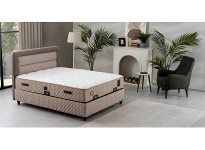 Elegantes beige Holz-Textil Bett mit Matratze für modernes