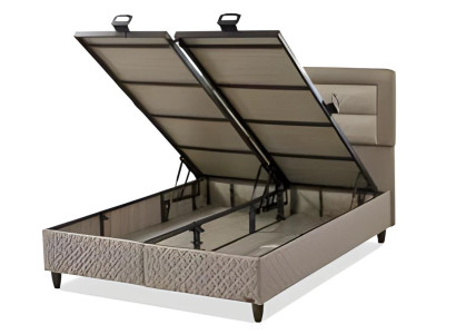 Elegantes Bett aus Textil und Holz in Beige für modernes Schlafzimmer