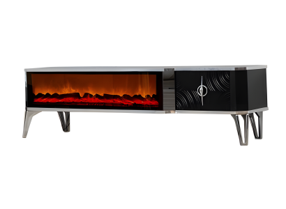 Wohnzimmer-Highlight: TV-Board mit Kaminfunktion, LED und Metallgriff